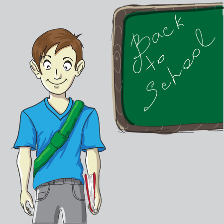 Hand-drawn illustration of schoolboy in classroom in 1 septemberのイラスト素材