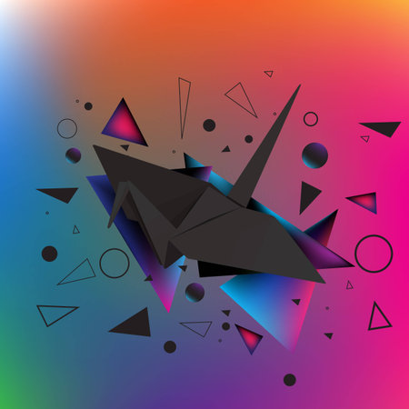 Vector Illustration of a black paper origami crane in explosion of different geometric shapes. のイラスト素材