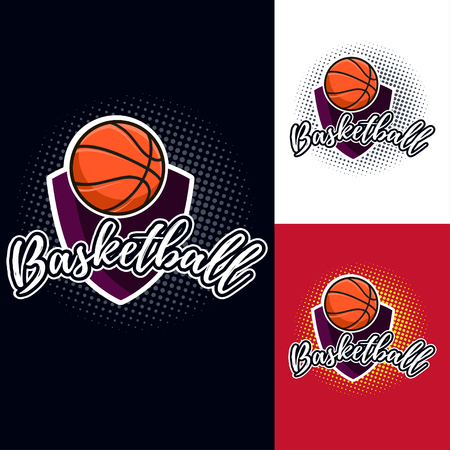 Basketball colour tournament icon label in vintage style with half tone backgroundのイラスト素材