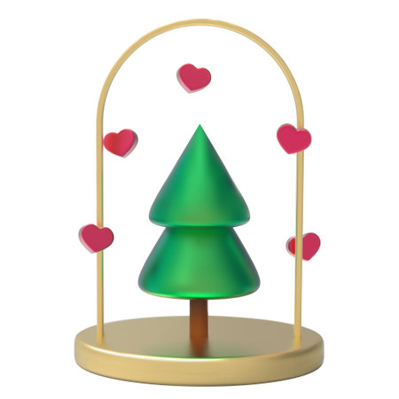Green Christmas tree on gold round studio podiumの写真素材