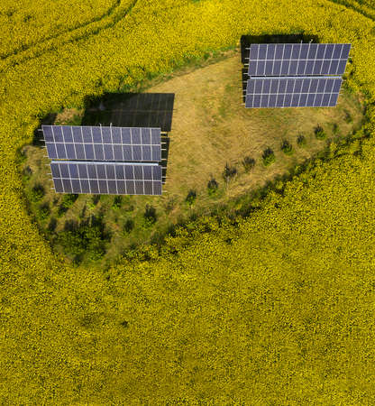 Solar power plant in a yellow flowering fieldの写真素材