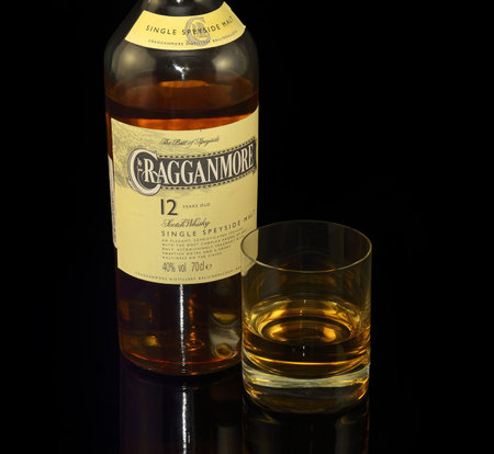 Cragganmore Single Malt Scotch whiskey on black background, distillery Ballindalloch. Whiskey is a major export item of Scotland - illustrative editorialのeditorial素材