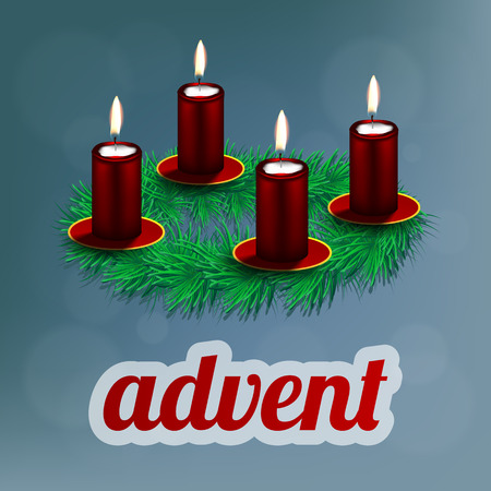 illustration of advent wreath with realistic spruce and four red candlesのイラスト素材