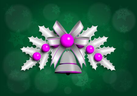 illustration of silver Christmas garland with purple elements. Green backgroundのイラスト素材