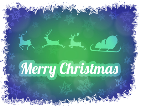 illustration of Santa Claus silhouette with sleigh and three reindeers. Green/blue backgroundのイラスト素材