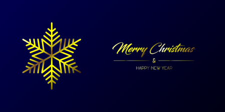 Vector illustration of wide greeting card with golden Merry Christmas and Happy New Year and flake on a dark blue backgroundのイラスト素材