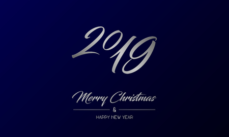 Vector illustration of centred greeting card with silver Merry Christmas and Happy New Year and number 2019 on a dark blue backgroundのイラスト素材