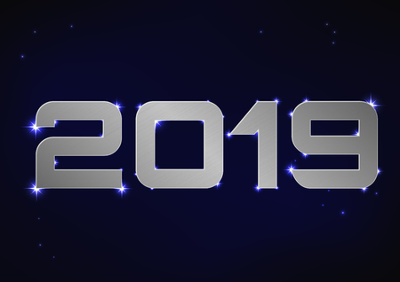 Vector illustration of silver metallic number 2019 over blue night skyのイラスト素材
