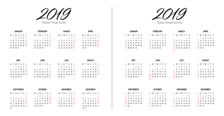 Vector illustration of simple Year 2019 Calendar. Monday Through Sunday and Sunday Through Saturday versionのイラスト素材
