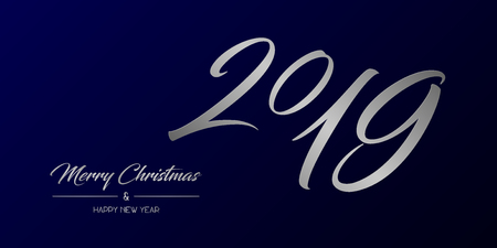 Vector illustration of wide greeting card with silver Merry Christmas and Happy New Year and number 2019 on a dark blue backgroundのイラスト素材