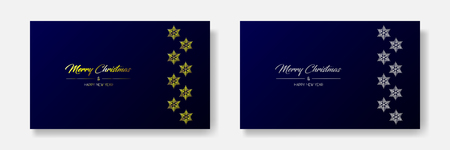 Vector illustration of two wide greeting cards with golden and silver  Merry Christmas and Happy New Year and flakes on the right. Dark blue backgroundのイラスト素材