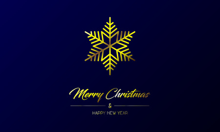 Vector illustration of centred greeting card with golden Merry Christmas and Happy New Year and flake on a dark blue backgroundのイラスト素材