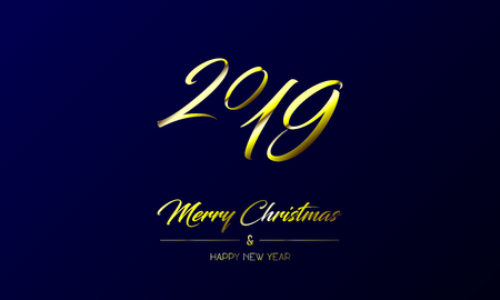Vector illustration of centred greeting card with golden Merry Christmas and Happy New Year and number 2019 on a dark blue backgroundのイラスト素材