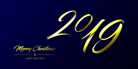 Vector illustration of wide greeting card with golden Merry Christmas and Happy New Year and number 2019 on a dark blue backgroundのイラスト素材