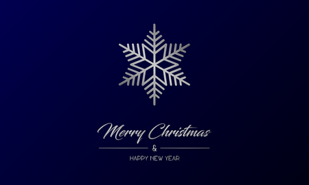 Vector illustration of centred greeting card with silver Merry Christmas and Happy New Year and flake on a dark blue backgroundのイラスト素材