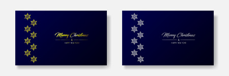 Vector illustration of two wide greeting cards with golden and silver  Merry Christmas and Happy New Year and flakes on the left. Dark blue backgroundのイラスト素材
