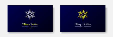 Vector illustration of two centred greeting cards with golden and silver  Merry Christmas and Happy New Year and flake. Dark blue backgroundのイラスト素材