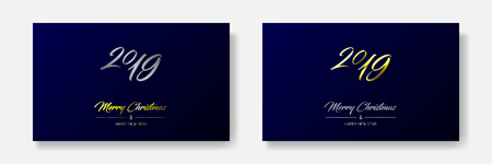 Vector illustration of two centred greeting cards with golden and silver  Merry Christmas and Happy New Year and number 2019. Dark blue backgroundのイラスト素材