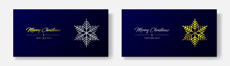 Vector illustration of two wide greeting cards with golden and silver  Merry Christmas and Happy New Year and flake. Dark blue backgroundのイラスト素材