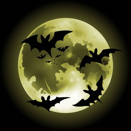 Vector illustration of halloween yellow full Moon on a dark background with batsのイラスト素材