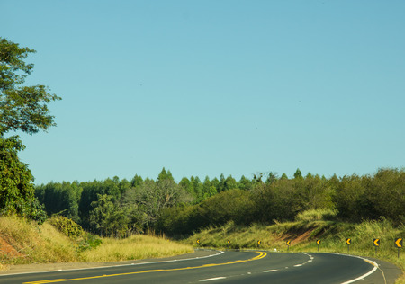 Perfect paved road with signs showing a curveの写真素材