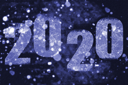 3D illustration of the 2020 inscription with the effect of a snowstorm an night