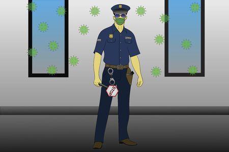 Illustration of a police officer on the street holding a medical mask in his hand holding a STOP sign next to him in the air of a bacterial corona virusのイラスト素材