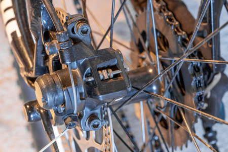 Close up disc brakes on bicycles with cableの写真素材