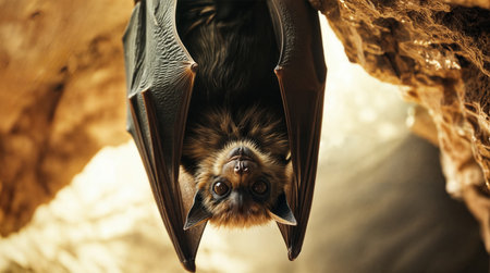 Vampire bat hanging upside down in a cave like environment. The bat has large, translucent wings and a fuzzy body with a reddish-brown coloration. The background features rugged, rocky walls of the cave.の素材