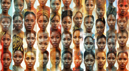 Vibrant and diverse collage featuring a series of portraits of women with different skin tones and hairstyles, each set against a background that transitions through various shades of yellow and blue. The portraits are arranged in columns, creating a striking visual effect.の素材