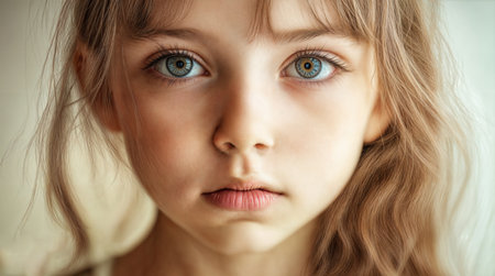 Close-up of a child with light brown hair, looking directly at the camera. The background is blurred, focusing attention on the child's face.の素材