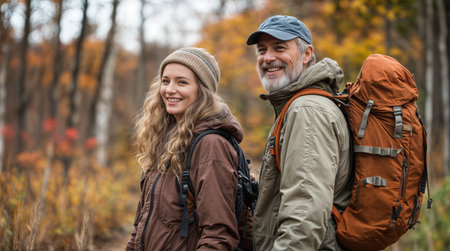 Hikers in a forest setting. The person on the left is a woman with curly hair, wearing a brown jacket and a beanie, carrying a backpack. The person on the right is an older man with a white beard, dressed in a beige jacket and a cap, also carrying a large orange backpack.の素材