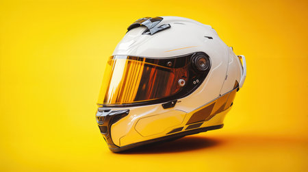 Modern, sleek motorcycle helmet with a glossy white and gold design, set against a vibrant yellow background. The helmet has a clear visor and several vents, indicating advanced features for ventilation and visibility.の素材
