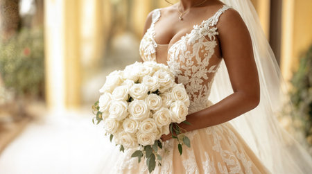 African American bride in a detailed, lace adorned wedding dress. She is holding a large bouquet of white roses. The background is slightly blurred, focusing the viewer's attention on the bride and her bouquet.の素材