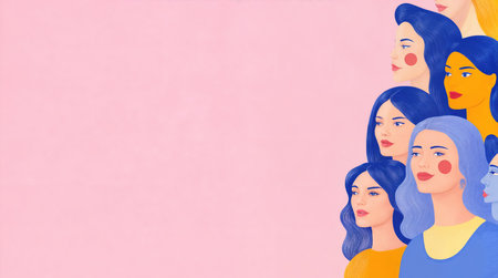 Illustration of a group of women with diverse hair colors, including blue, yellow, and purple, set against a light pink background.の素材