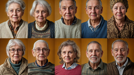 Collage elderly individuals, with each person wearing different clothing and accessories.の素材