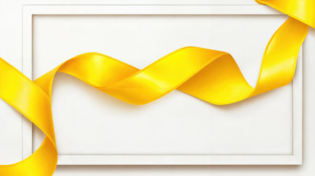 White frame with a large yellow ribbon crossing through it, creating a festive and celebratory atmosphere.の素材