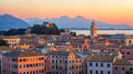 Town with colorful buildings and a prominent church spire at sunset.の素材