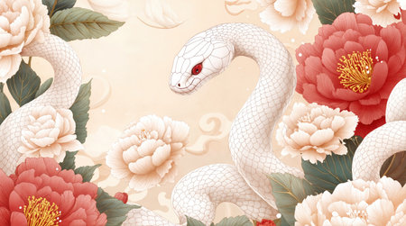 White snake with red eyes, surrounded by white and red peony flowers and leaves.の素材