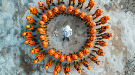 Group of workers wearing orange safety gear and hard hats, arranged in a circular formation.の素材