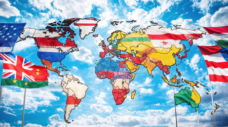 Colorful world map with various nations flags superimposed on it, set against a blue sky with white clouds.の素材