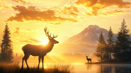Serene sunset scene with two deer standing near a lake, silhouetted against a backdrop of mountains and trees.の素材