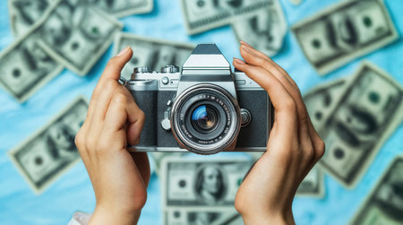 Camera being held by two hands in the foreground, with a background featuring a blue surface and several dollar bills scattered around.の素材