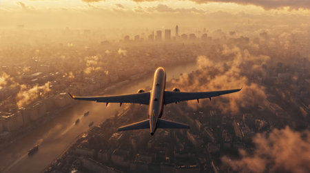 Airplane flying over a cityscape during sunset, with the sun casting a warm glow over the scene and the city's silhouette and clouds illuminated by the light.の素材