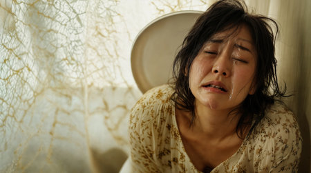 A powerful emotional portrait of an Asian woman in her mid-30s, sitting indoors with tears streaming down her face.の素材