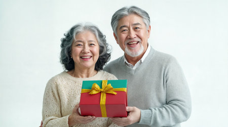 A joyful senior couple with gray hair and warm smiles holding a beautifully wrapped gift box.の素材