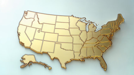 A luxurious, gold-colored 3D map of the United States with precisely defined state borders, set against a clean, light background.の素材