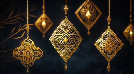 Golden ornaments with intricate geometric and floral patterns hanging against a dark background, creating a luxurious and elegant appearance.の素材