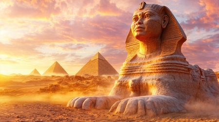 A breathtaking, ultra-detailed depiction of the Great Sphinx of Giza at sunset with three pyramids in the background and two people riding camels in the foreground.の素材