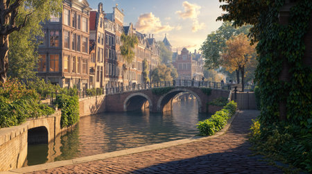 Amsterdam's historic canal with charming arched bridges, traditional Dutch canal houses, and lush greenery, creating a tranquil and picturesque urban scene under warm sunlight and a clear sky.の素材